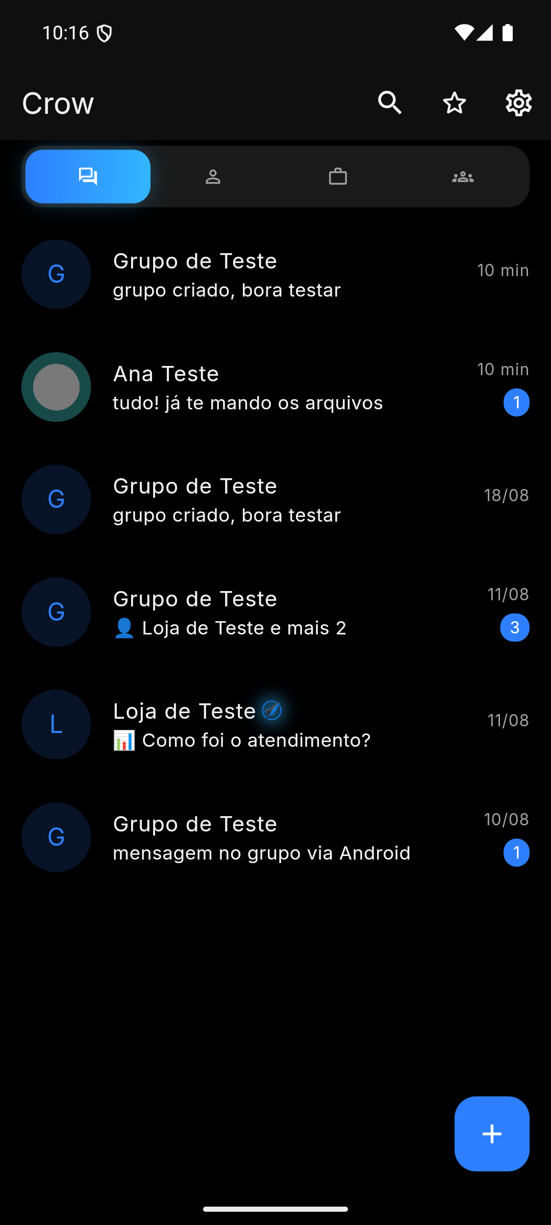 Tela de conversas do Crow