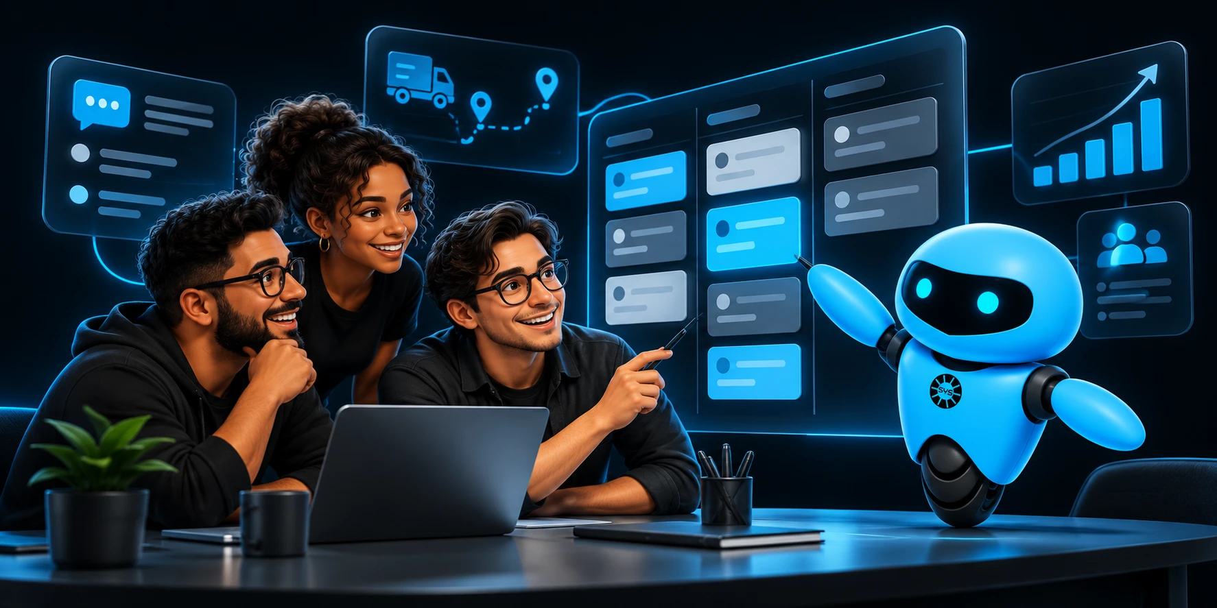Equipe Droyds e o assistente virtual diante de painéis de atendimento, logística, gestão e dados